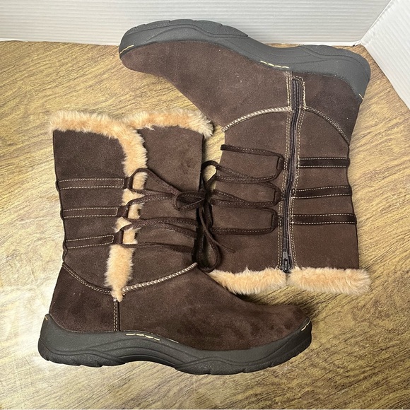 Faded Glory Genuine Leather Dark Brown Faux Fur Trim Suede Lace up Boots Size 9 - Picture 9 of 13